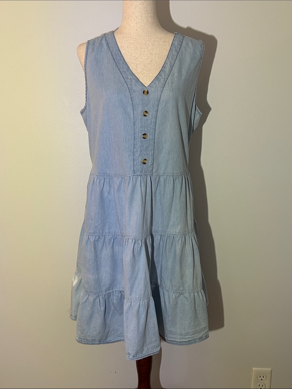 Speed Control Light Blue Button-Front Tiered Midi Dress